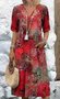 Women Floral Short Sleeve Summer Printing Dress V Neck Daily Vintage Maxi T-Shirt Dress A-Line Dress
