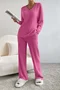 Women Plain Embossed Two-Piece Set Daily Long Sleeve Casual Spring/Fall Top With Pants Matching Set