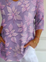 Women Floral Three Quarter Sleeve Tee T-shirt V Neck Printing Casual Spring/Fall Graphic Tee Top