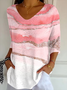 Women Abstract Three Quarter Sleeve Tee T-shirt V Neck Printing Casual Spring/Fall Graphic Tee Top
