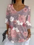 Women Floral Three Quarter Sleeve Tee T-shirt V Neck Printing Casual Spring/Fall Graphic Tee Top