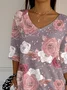 Women Floral Three Quarter Sleeve Tee T-shirt V Neck Printing Casual Spring/Fall Graphic Tee Top
