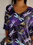 Women Dragonfly Three Quarter Sleeve Tee T-shirt V Neck Printing Casual Spring/Fall Graphic Tee Top