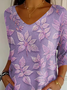 Women Floral Three Quarter Sleeve Tee T-shirt V Neck Printing Casual Spring/Fall Graphic Tee Top