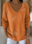 Women Floral Spring/Fall Casual Long Sleeve V Neck Cotton Sweater