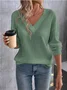 Women Plain Long Sleeve Tee T-shirt V Neck Split Joint Vintage Spring/Fall Top