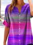 Women Abstract Stripes Short Sleeve Shirt Summer Printing V Neck Daily Casual Top