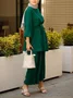 Women Plain Split Joint Two-Piece Set Daily Long Sleeve Casual Spring/Fall Top With Pants Matching Set