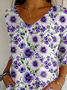 Women Floral Three Quarter Sleeve Tee T-shirt V Neck Printing Casual Spring/Fall Graphic Tee Top