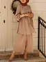Women Plain Split Joint Two-Piece Set Daily Long Sleeve Casual Spring/Fall Top With Pants Matching Set