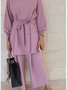 Women Plain Split Joint Two-Piece Set Daily Long Sleeve Casual Spring/Fall Top With Pants Matching Set
