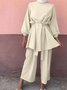 Women Plain Split Joint Two-Piece Set Daily Long Sleeve Casual Spring/Fall Top With Pants Matching Set