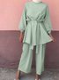 Women Plain Split Joint Two-Piece Set Daily Long Sleeve Casual Spring/Fall Top With Pants Matching Set