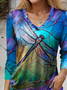Women Dragonfly Long Sleeve Tee T-shirt V Neck Printing Casual Spring/Fall Graphic Tee Top