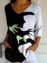 Women Halloween Three Quarter Sleeve Tee T-shirt V Neck Vintage Spring/Fall Top