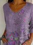 Women Floral Three Quarter Sleeve Tee T-shirt V Neck Printing Casual Spring/Fall Graphic Tee Top