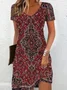 Women Floral Short Sleeve Summer Printing Dress V Neck Daily Casual Midi Fit & Flare Dress A-Line Dress