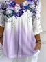 Women Floral Three Quarter Sleeve Tee T-shirt V Neck Printing Casual Spring/Fall Graphic Tee Top