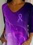 Women Purple Ribbon Three Quarter Sleeve Tee T-shirt V Neck Printing Casual Spring/Fall Graphic Tee Top