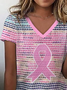 Women Pink Ribbon Short Sleeve Tee T-shirt V Neck Printing Casual Summer Graphic Tee Top