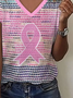 Women Pink Ribbon Short Sleeve Tee T-shirt V Neck Printing Casual Summer Graphic Tee Top