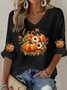 Women Halloween (pumpkin) Three Quarter Sleeve Tee T-shirt V Neck Vintage Spring/Fall Top