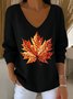 Women Maple Leaf Spring/Fall Casual Long Sleeve V Neck Cotton Sweater