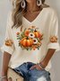 Women Halloween (pumpkin) Three Quarter Sleeve Tee T-shirt V Neck Vintage Spring/Fall Top
