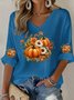 Women Halloween (pumpkin) Three Quarter Sleeve Tee T-shirt V Neck Vintage Spring/Fall Top
