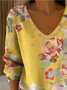 Women Floral Spring/Fall Casual Long Sleeve V Neck Cotton Sweater