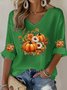 Women Halloween (pumpkin) Three Quarter Sleeve Tee T-shirt V Neck Vintage Spring/Fall Top