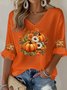 Women Halloween (pumpkin) Three Quarter Sleeve Tee T-shirt V Neck Vintage Spring/Fall Top