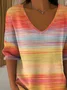 Women Striped Three Quarter Sleeve Tee T-shirt V Neck Vintage Spring/Fall Top