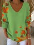 Women Maple Leaf Three Quarter Sleeve Tee T-shirt V Neck Vintage Spring/Fall Top