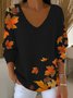 Women Maple Leaf Three Quarter Sleeve Tee T-shirt V Neck Vintage Spring/Fall Top