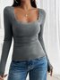 Women Floral Long Sleeve Tee T-shirt Square Neck Split Joint Casual Spring/Fall Top
