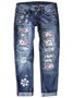 Street Leopard Fashion Slim-fit Printed Patchwork Ripped Jeans