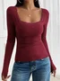 Women Floral Long Sleeve Tee T-shirt Square Neck Split Joint Casual Spring/Fall Top