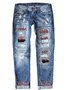 Street Leopard Fashion Slim-fit Printed Patchwork Ripped Jeans