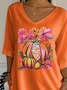 Women Halloween Pumpkin Orange Floral Three Quarter Sleeve Tee T-shirt V Neck Printing Festival Spring/Fall Graphic Tee Top