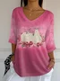Women Halloween Pumpkin Pink Floral Three Quarter Sleeve Tee T-shirt V Neck Printing Festival Spring/Fall Graphic Tee Top