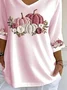 Women Halloween Pumpkin Floral Three Quarter Sleeve Tee T-shirt V Neck Printing Festival Spring/Fall Graphic Tee Top