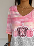 Women Halloween Pumpkin Pink Ribbon Three Quarter Sleeve Tee T-shirt V Neck Printing Festival Spring/Fall Graphic Tee Top