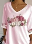 Women Halloween Pumpkin Floral Three Quarter Sleeve Tee T-shirt V Neck Printing Festival Spring/Fall Graphic Tee Top