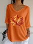 Women Maple Leaf Three Quarter Sleeve Tee T-shirt V Neck Printing Casual Spring/Fall Graphic Tee Top