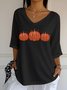 Women Halloween Pumpkin Three Quarter Sleeve Tee T-shirt V Neck Printing Casual Spring/Fall Graphic Tee Top