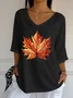 Women Maple Leaf Three Quarter Sleeve Tee T-shirt V Neck Printing Casual Spring/Fall Graphic Tee Top