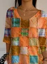 Women Halloween Color Block Plaid Orange Three Quarter Sleeve Tee T-shirt V Neck Printing Festival Spring/Fall Graphic Tee Top