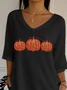 Women Halloween Pumpkin Three Quarter Sleeve Tee T-shirt V Neck Printing Casual Spring/Fall Graphic Tee Top