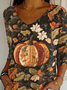 Women Halloween Pumpkin Floral Print Three Quarter Sleeve Tee T-shirt V Neck Festival Spring/Fall Graphic Tee Top